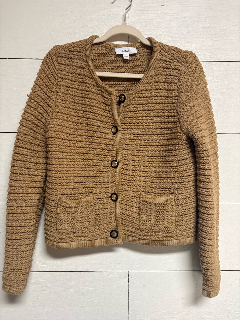 CeCe Camel Textured Knit Button-Front Cardigan